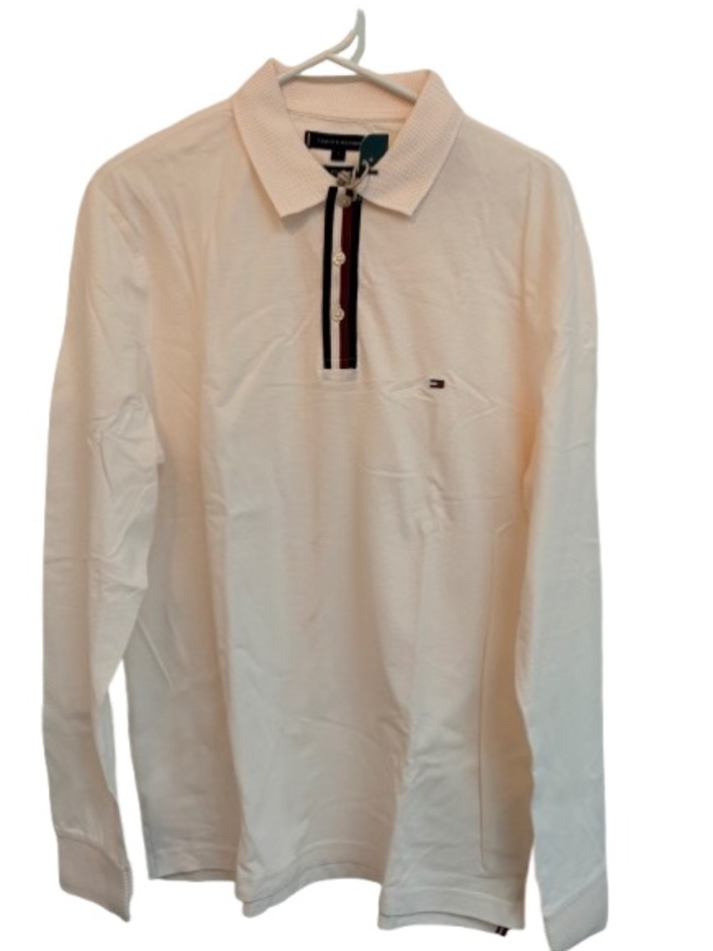 Tommy Hilfiger Men’s White Long Sleeve Polo with Navy & Red Stripe Placket